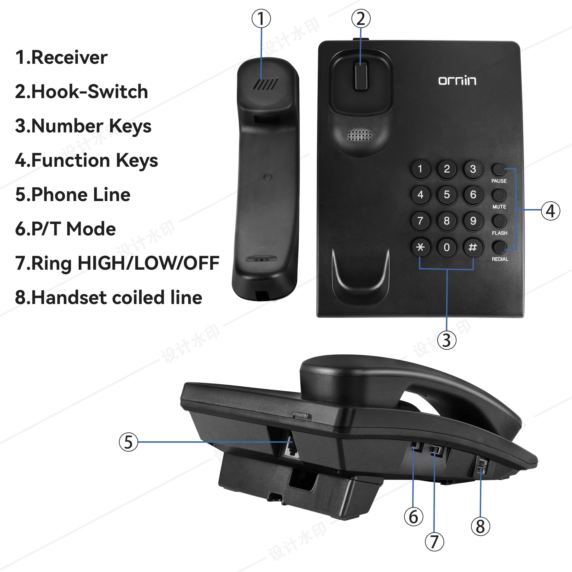 Ornin Y320 Corded Landline Phone with Redial & Hold, Adjustable Ringer Tone, Wall Mountable, Ideal for Home, Office, Hotel - Fixed Line Device