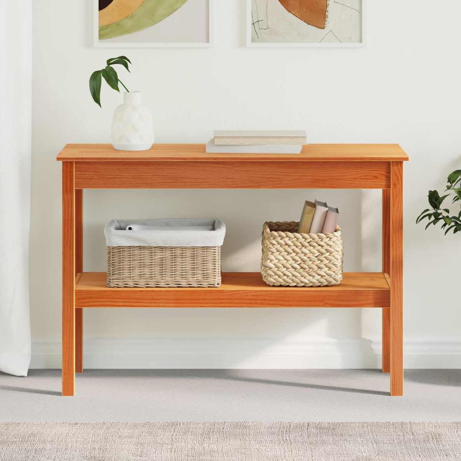 Stolik konsolowy woskowany brąz z litego drewna sosnowego, 110 x 40 x 75 cm, z regałem do salonu, korytarza, przedpokoju, wszechstronnego stołu ściennego i stolika do przechowywania