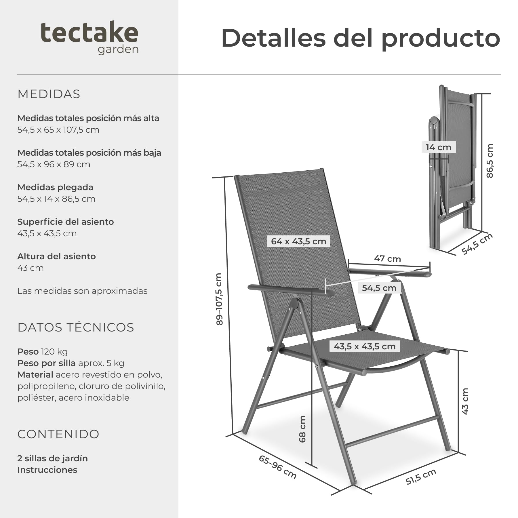 tectake® Conjunto de 2 Sillas Jardín Exterior de Aluminio, con Respaldo Regulable, Conjunto Sillas Terraza Resistentes a la Intemperie, Malla Transpirable, Fácil Limpieza - Antracita/Gris