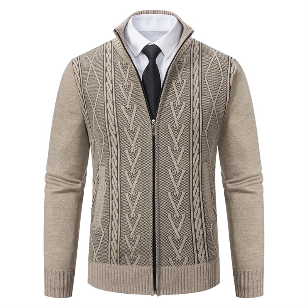 Wekumgy Men's Full Zip Cardigan Sweater Knitted Slim Fit Zip Up Sweaters Long Sleeve Sweaters with Pockets Khaki