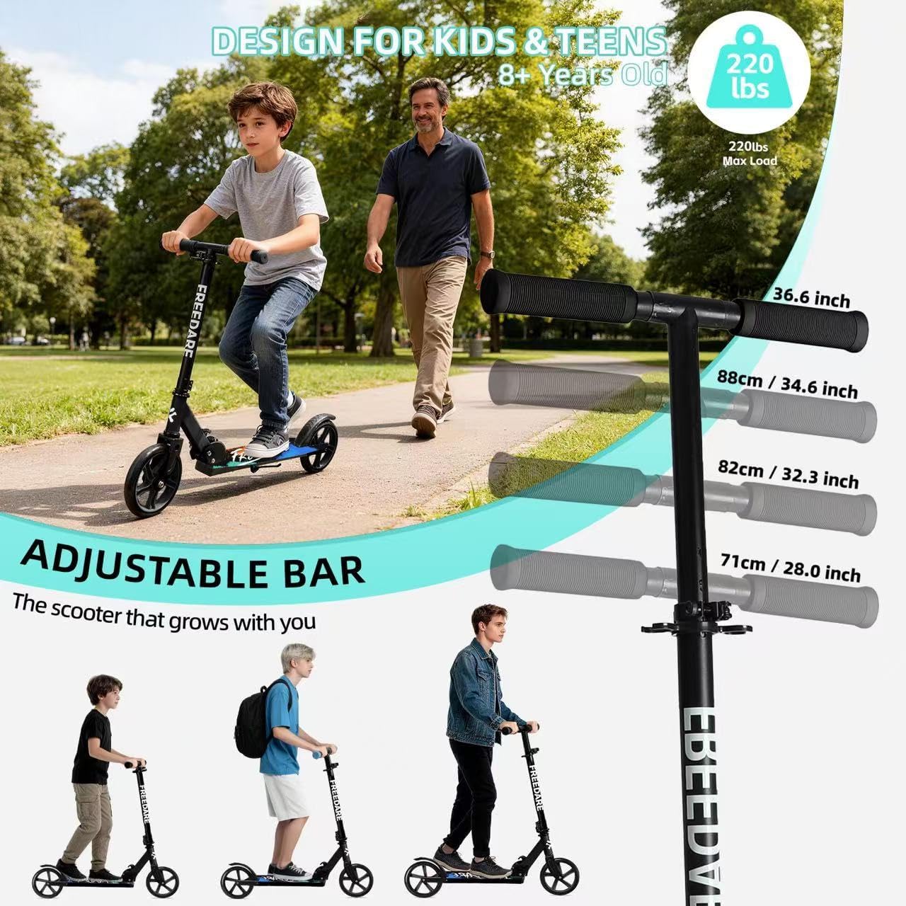 FREEDARE Kick Scooter for Kids & Adults Ages 8+, Foldable Teen Scooter with 2 Big 8-inch Wheels and 4-Level Adjustable Handlebar, Max Load 220 LBS
