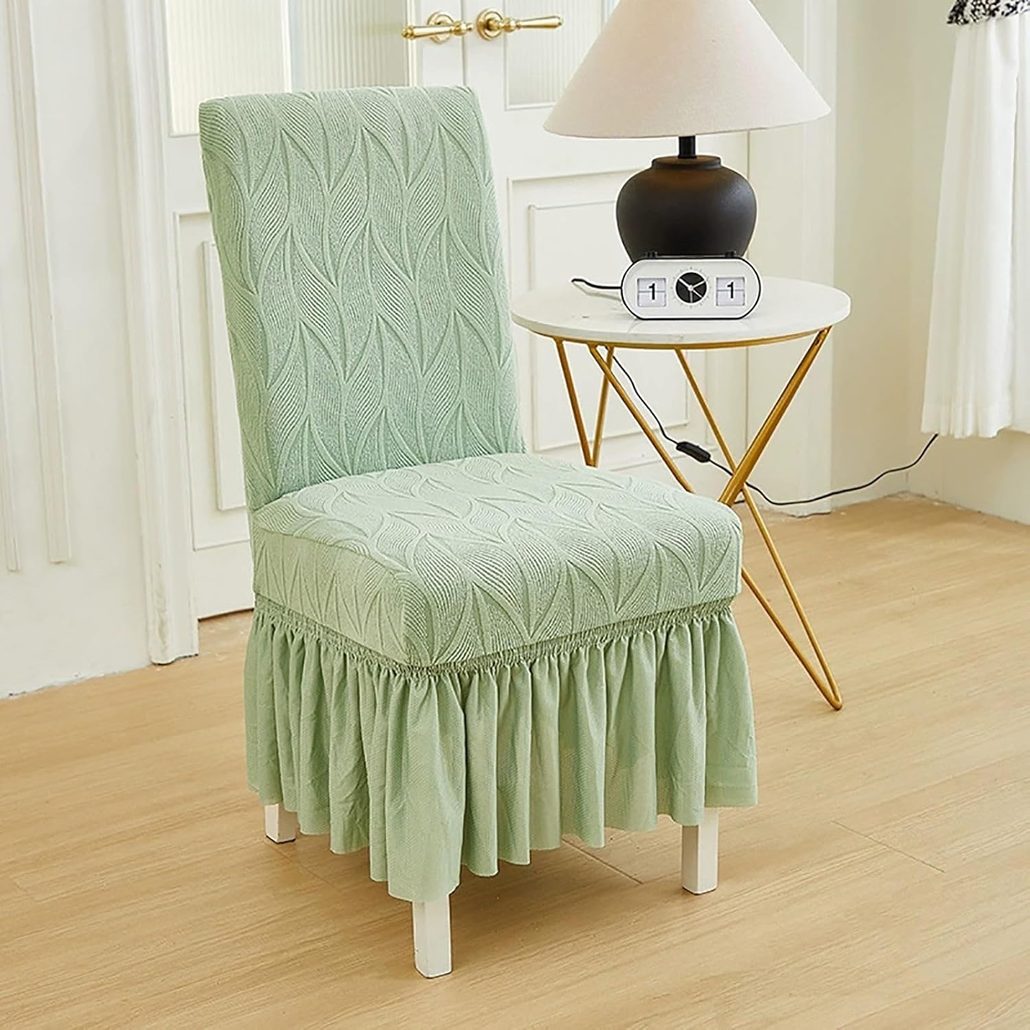 Stretch Jacquard Dining Room Chair Covers with Ruffle Skirt 2/4/6 PCS Washable Parsons Chair Slipcovers Country Style Kitchen Chair Protectors for Hotel Ceremony Banquet(Green,4PCS)