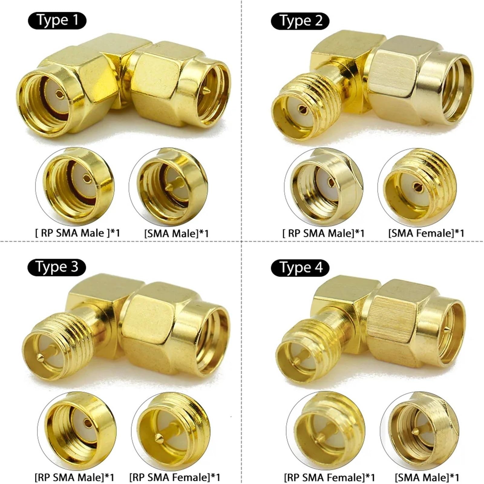 Lot de 5 adaptateurs coaxiaux RP-SMA mâle vers prise femelle RPSMA à angle droit de 90 degrés (type 4, 5 pièces)