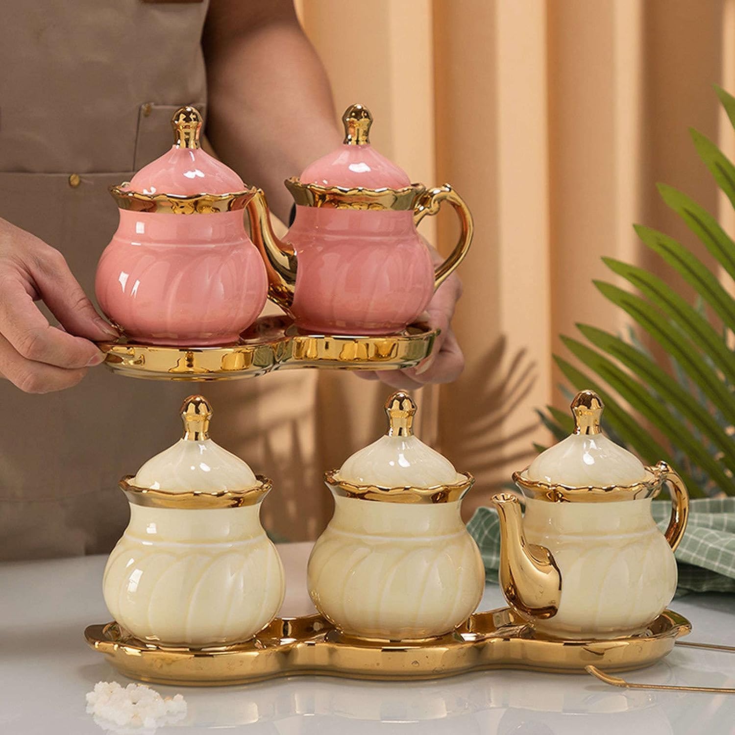 Juego de tarros de cerámica for condimentos con Tapa, Recipiente for condimentos, Organizador de Especias for Sal, Pimienta y azúcar.(F)
