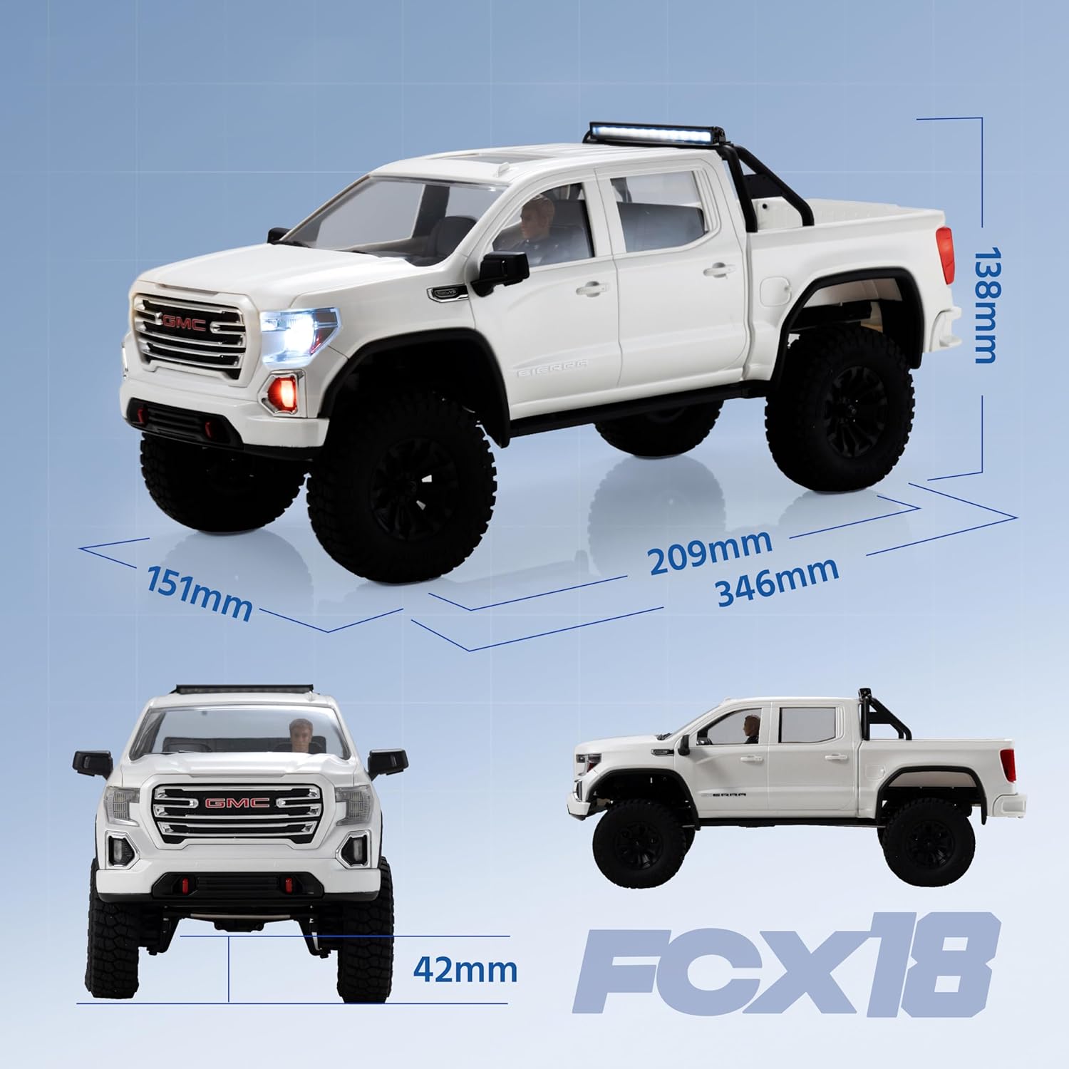 FMS FCX18 GMC Sierra 1500 RC Crawler, 1/18 Brushless RC Truck 4WD Offroad, Official Licensed GMC Pickup with 2-Speed Transmission, Portal Axles, Metal Gears, ABS Hard Shell, RTR RC Car for Adults