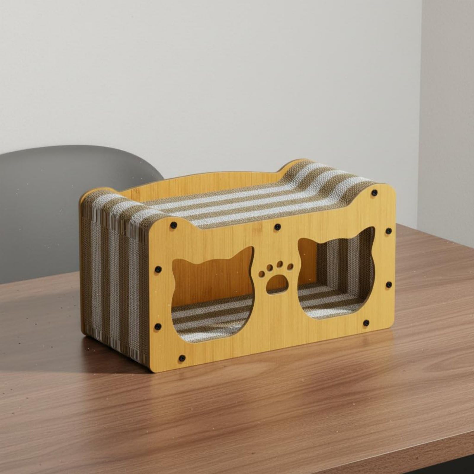 Jiuvaso Casa Tiragraffi per Gatti Rifugio Cuccia con Due Fori E Superficie Tiragraffi in Cartone Ondulato Struttura Stabile per Riposo E Adatta a Appartamenti, Bicolore, 56x30x29cm
