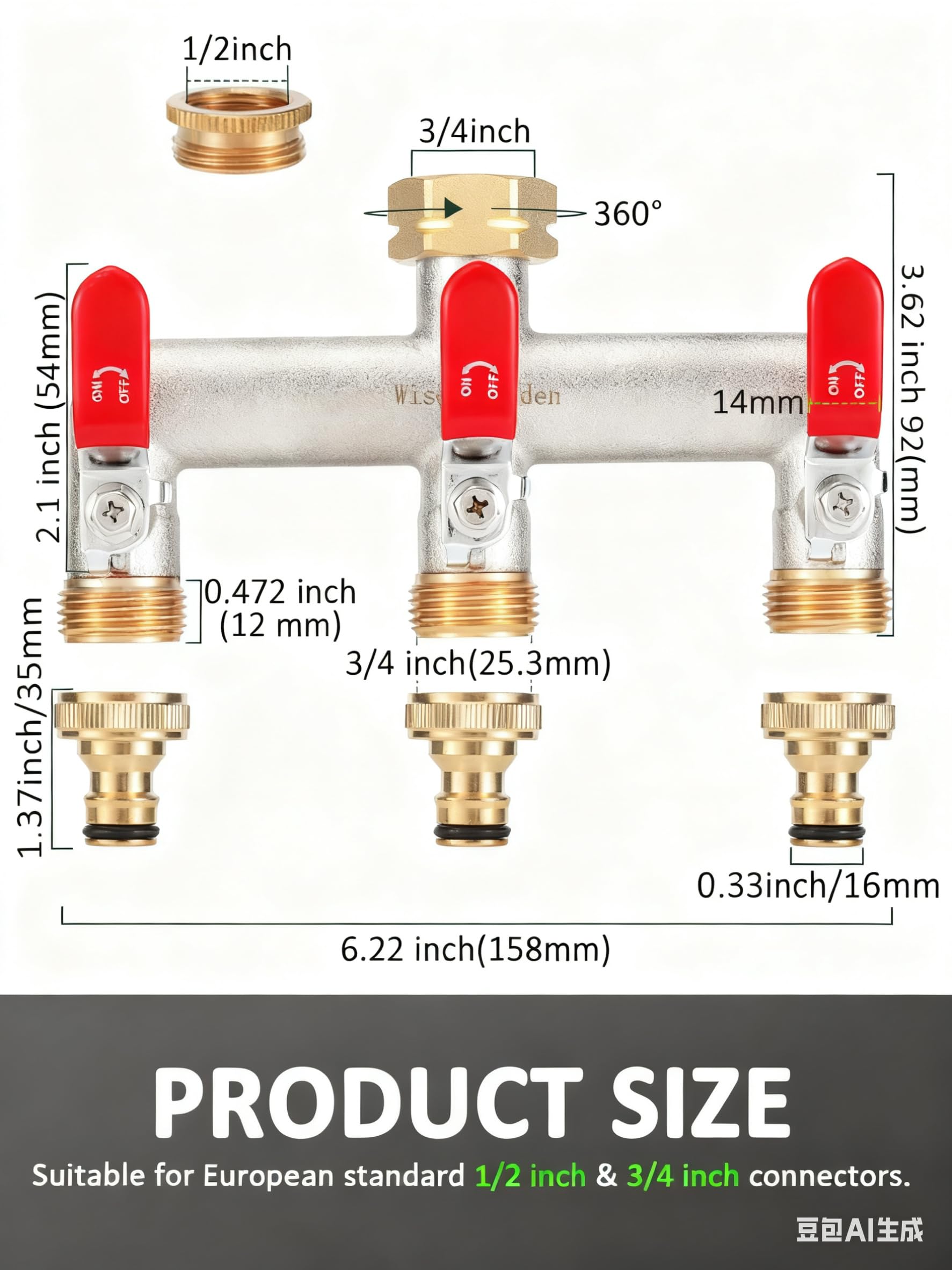 Distributeur d'eau 3 voies, vanne 3 voies, distributeur de raccordement d'eau, distributeur de jardin 3 voies, distributeur 3/4", robuste connexion hexagonale avec adaptateur de