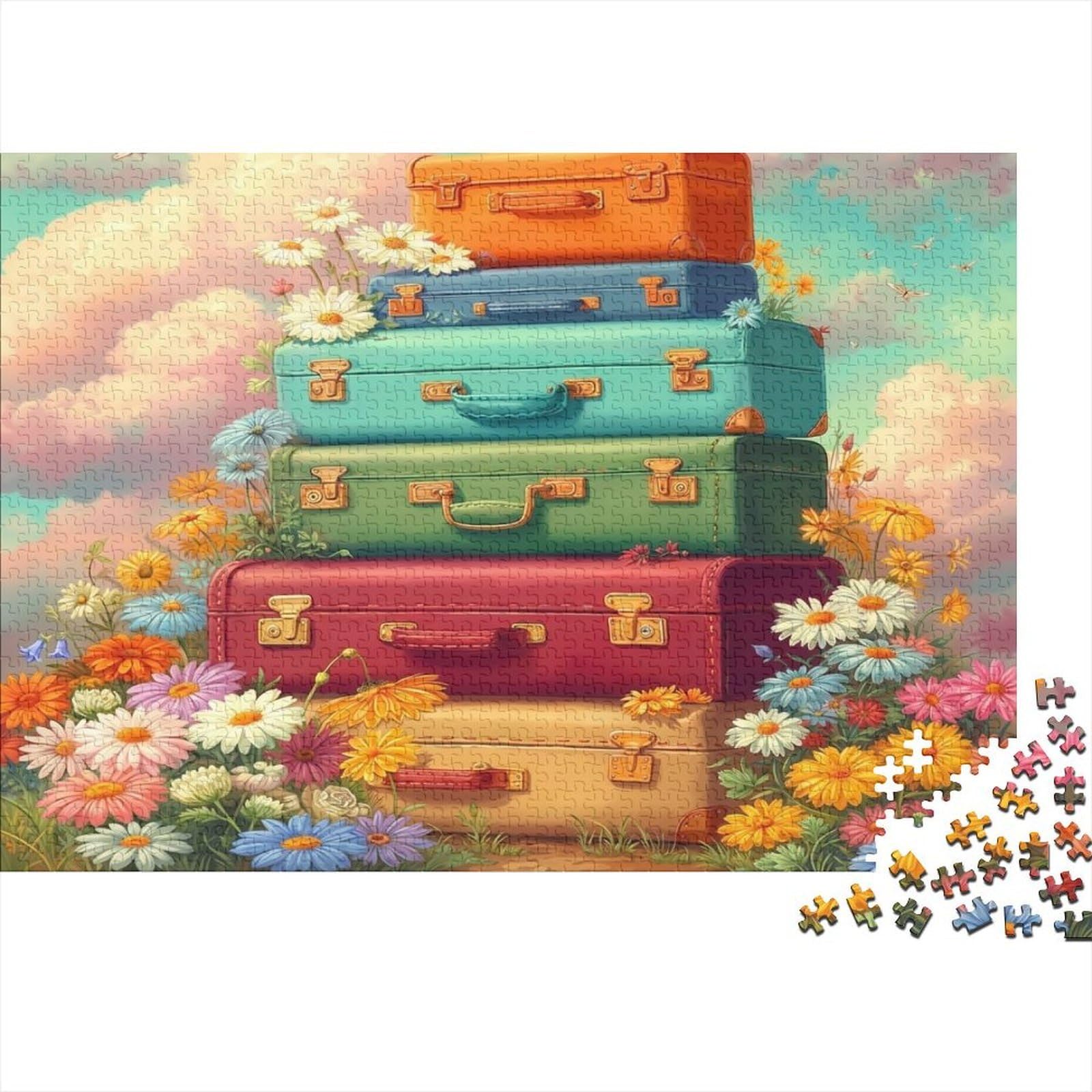 Vintage Suitcases 1000 Piece Recycled Cardboards Floral Stacked Suitcases Jigsaw for Adults Relaxing Decompression Game for Wall Decoration And Gifts Great Gift Idea for Birthday Celebrat