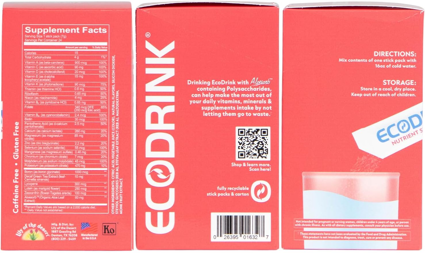 Lily of The Desert EcoDrink Nutrient Support Hydration Packets (3 Flavors) – Naturally Sweetened Multivitamin Electrolyte Mix with Aloe, 24 Stick Packs/Box, 0.25 Oz Ea