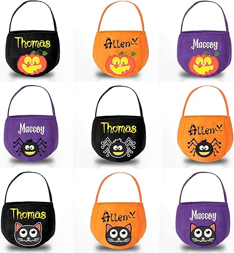 Miniatura 2 de Cesta de Halloween personalizada para niñas, bolsas de dulces personalizadas de Halloween para truco o trato, gato, calabaza, araña, negro