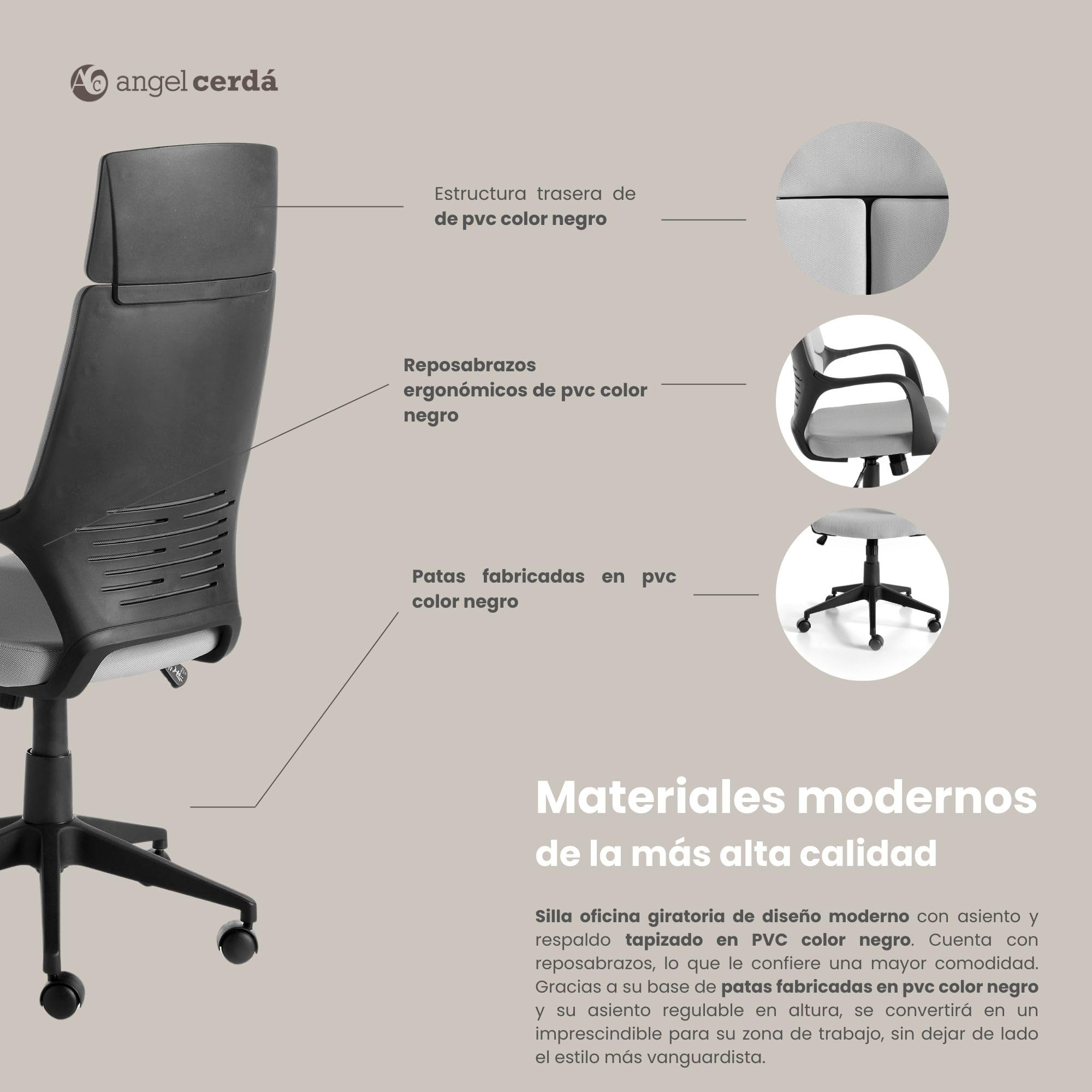 Angel Cerdá – Silla Escritorio Premium Giratoria, Tapizada en Tela Gris | Silla Escritorio Ergonomica Respaldo Ancho y Reposabrazos | Patas Acero Cromado | 63 x 63 x 117/127 cm