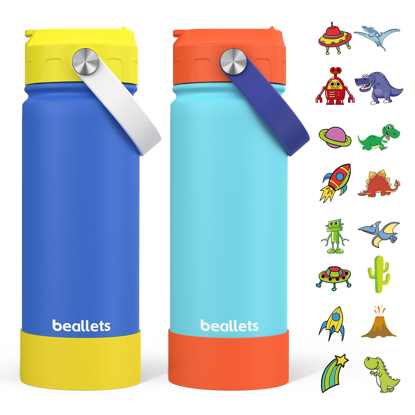 Beallets 2-Pack Kids Water Bottle, 18oz Toddler Insulated Bottles with Stickers, 18/8 Stainless Steel Leak-Proof Kids Straw Cup for School, Gifts for