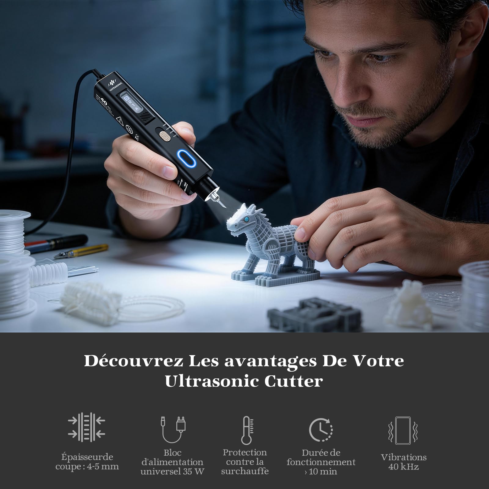 Cutter Ultrason, Couteau Ultrasonique Portable 40kHz, Outil de Coupe Haute Précision pour le Post-Traitement des Impressions 3D - Coupe Propre le Plastique, Résine, Cuir, Bois sans Effilochage