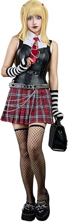 haikyuu Women Vintage Gothic Dress MisaMisa Cosplay Costume Shirt Vest Set with Red Plaid Skirt Waist Chain
