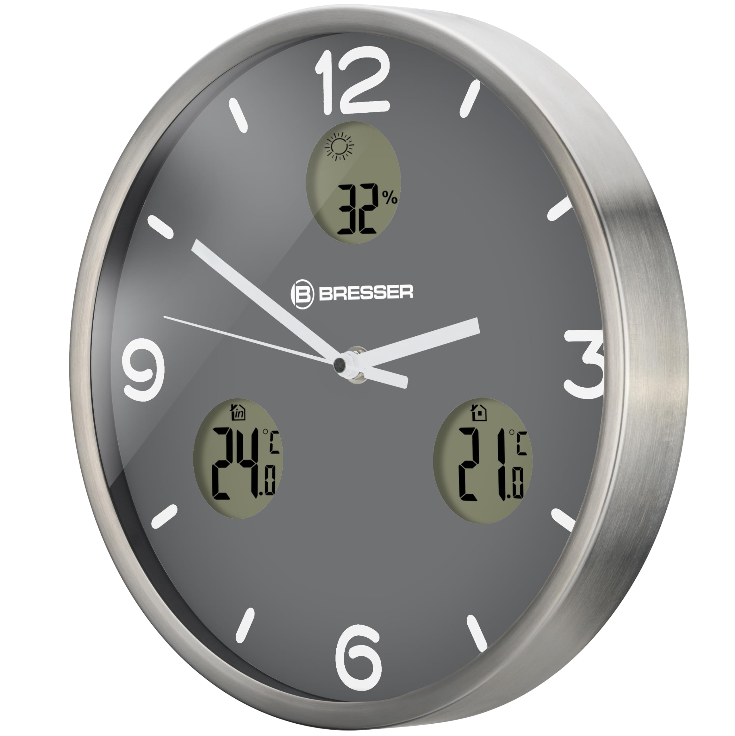 Bresser MyTime io NX Funk-Wanduhr mit Thermometer und Hygrometer - 30 cm Durchmesser, grau, 8020211MGU000