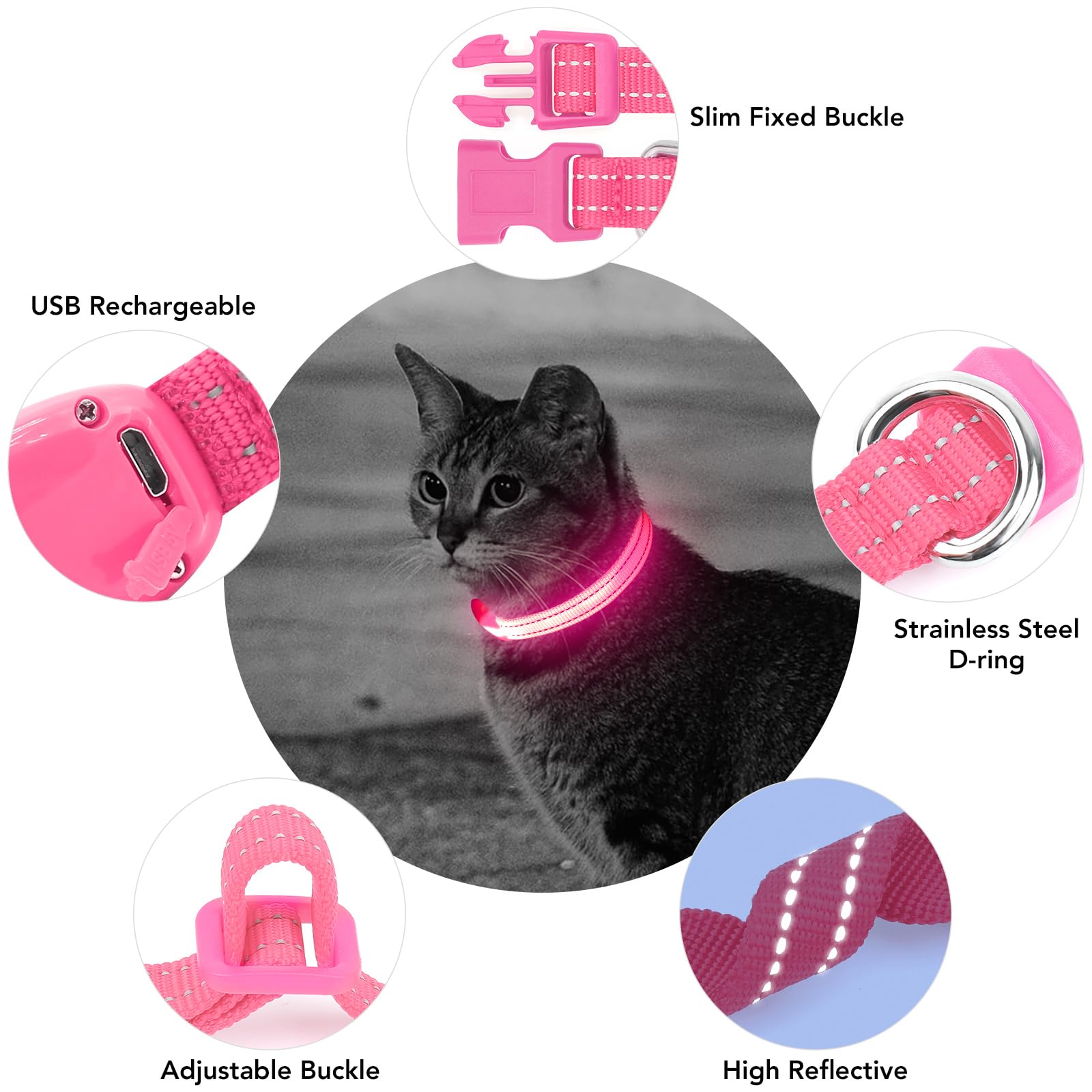 Vizpet Collar LED para gato y perro, recargable por USB, tamaño ajustable, collar de nailon brillante de seguridad para gatos pequeños y perros (rosa)