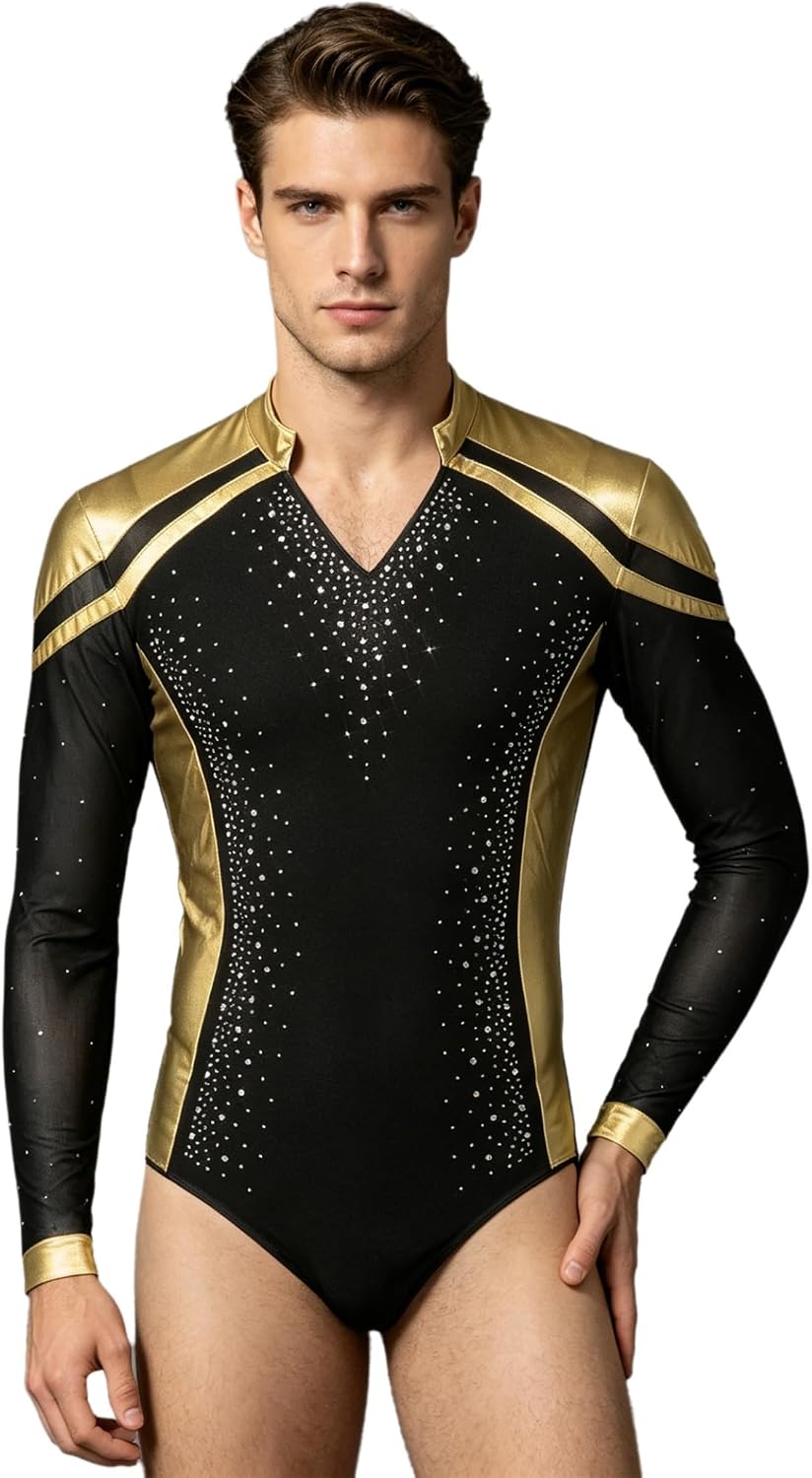 Yhong Men Latin Dance Leotard for Competition Performance Training Sparkly Rhinestones V Neck Long Sleeve
