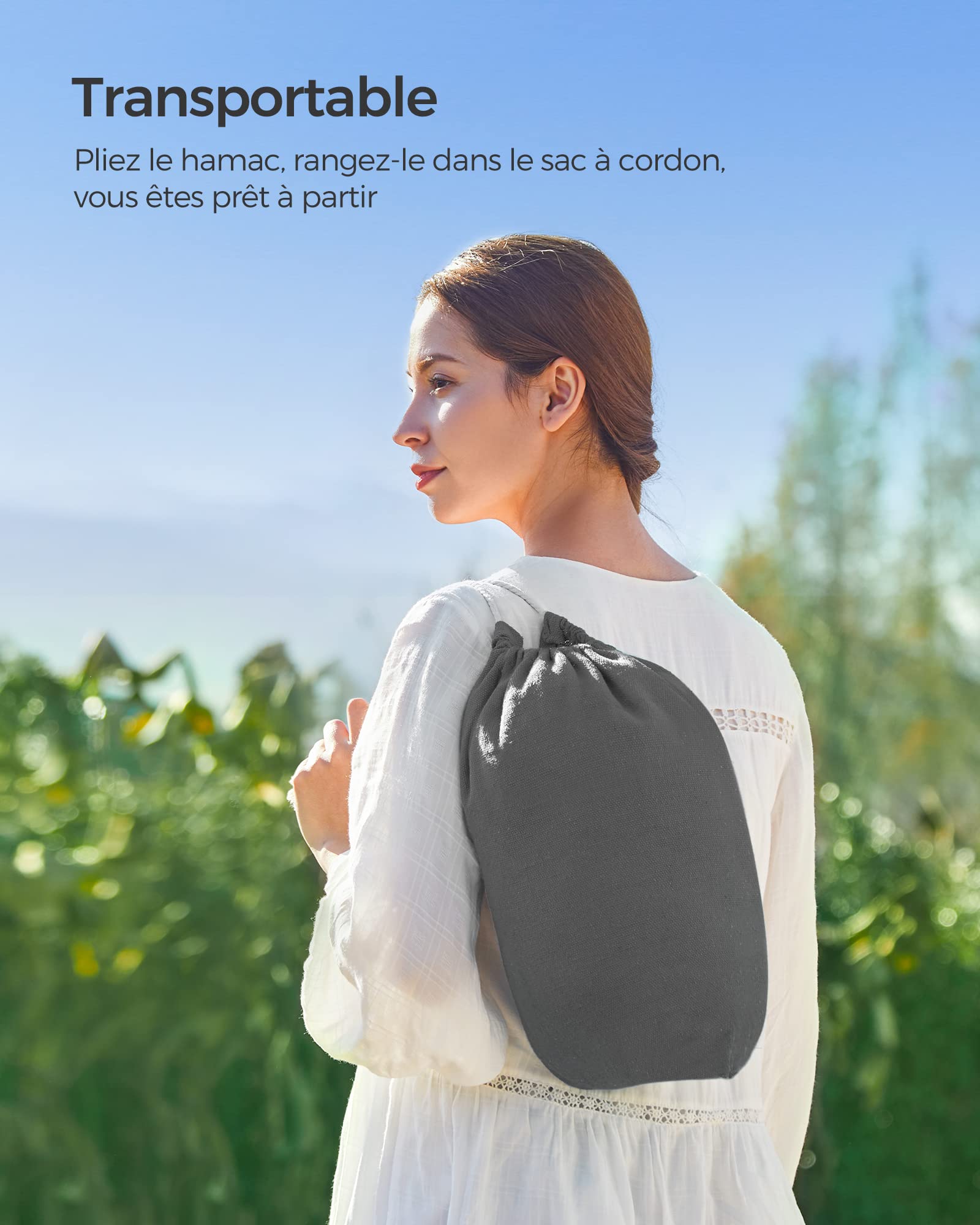 SONGMICS Hamac, 210 x 150 cm, Double Hamac, Capacité de Charge 300 kg, pour Jardin, Terrasse, Balcon, Extérieur, Camping, avec Sac de Transport, Sangles de Fixation et Mousquetons, Gris GDC15GY