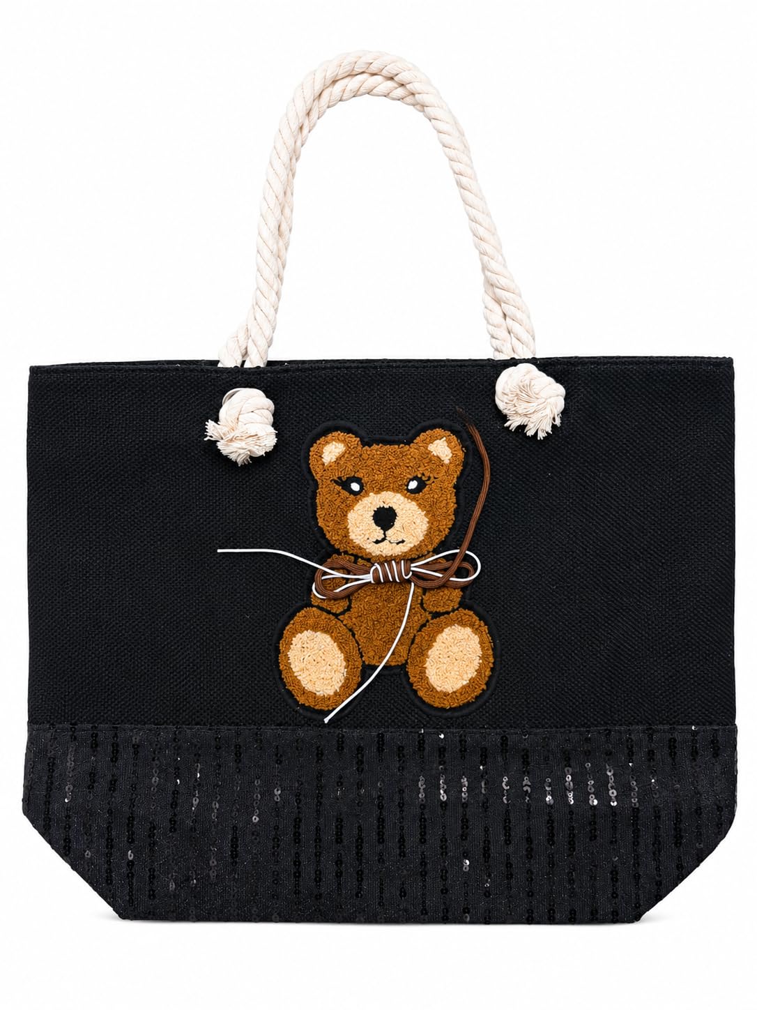 Cute Teddy Bear Tote Bag for Women | Large Capacity Canvas Shoulder Bag with Zipper Closure & Rope Handles | Shopping, Office, Travel, College Handbag | (Black)