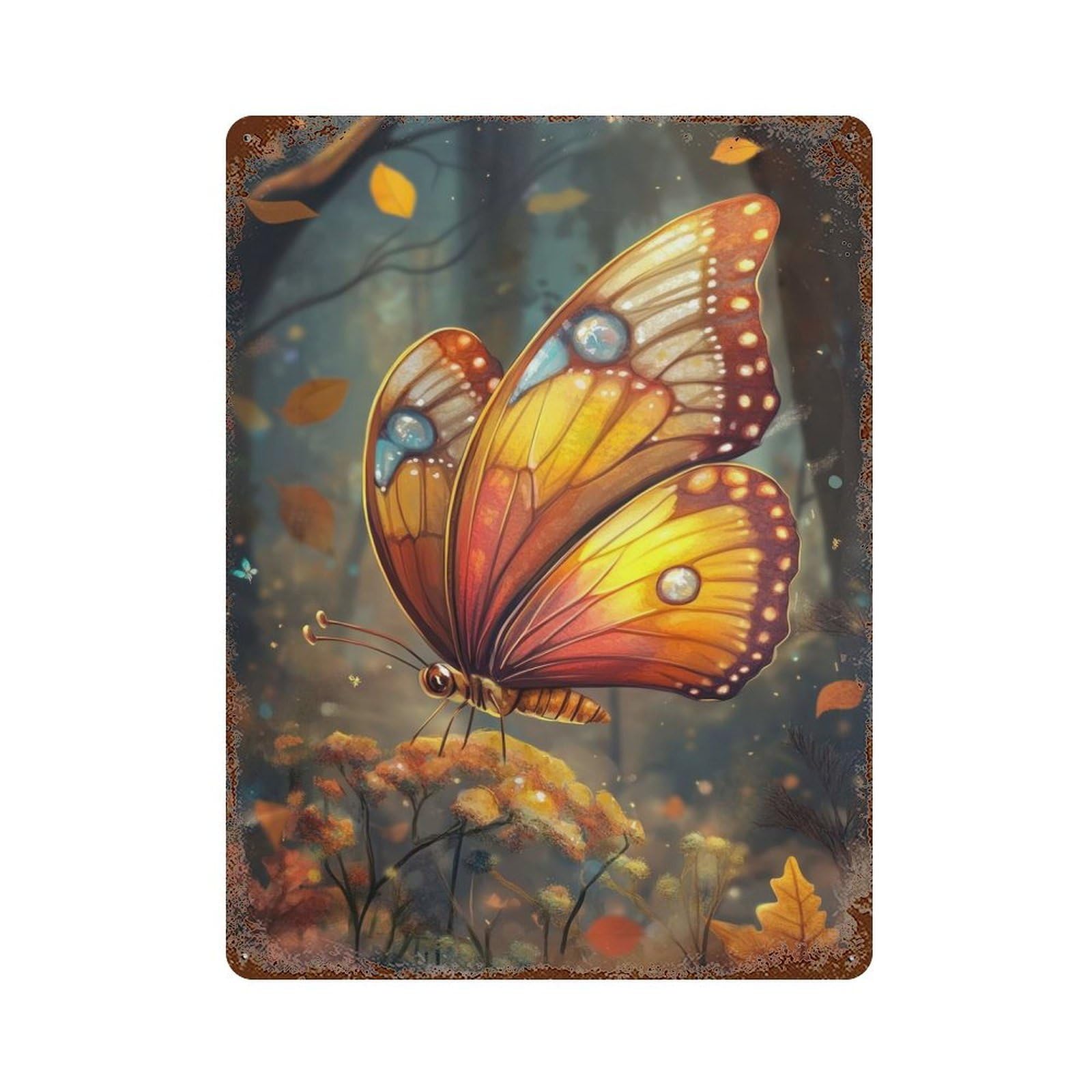 Dreamy Butterfly Scene Aged Metal Wall Plaque 15.7"x11.8", Decorative Metal Wall Art for Garage, Pub Or Kitchen
