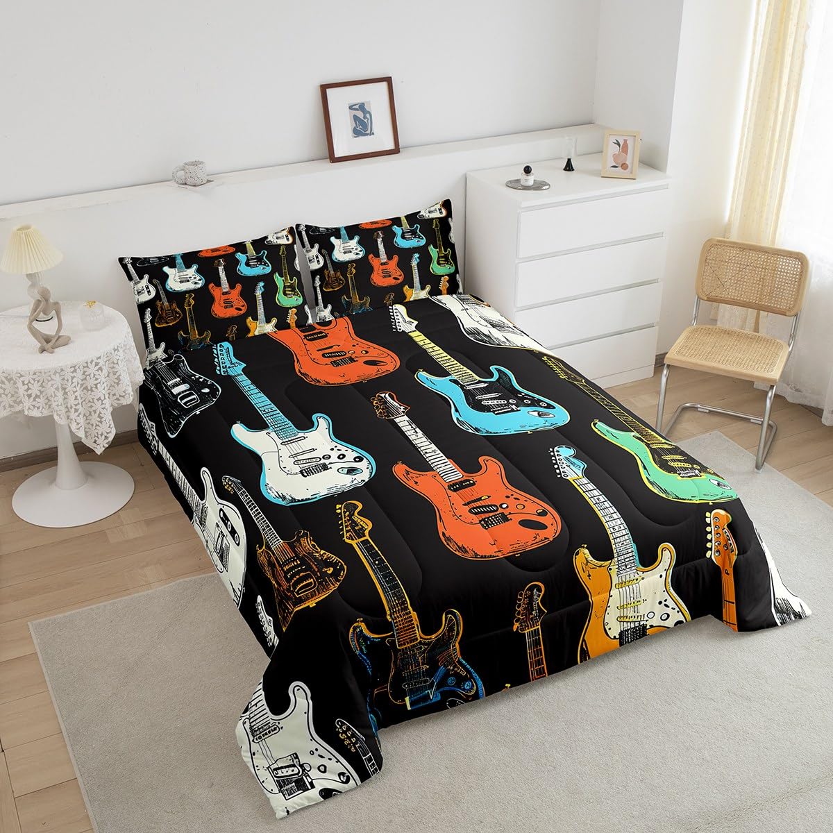 Castle Fairy Juego de ropa de cama de guitarra colorida, tamaño matrimonial, edredón de instrumentos musicales para niños, adolescentes, amantes de la música, bajo rock, edredón de plumón, estilo