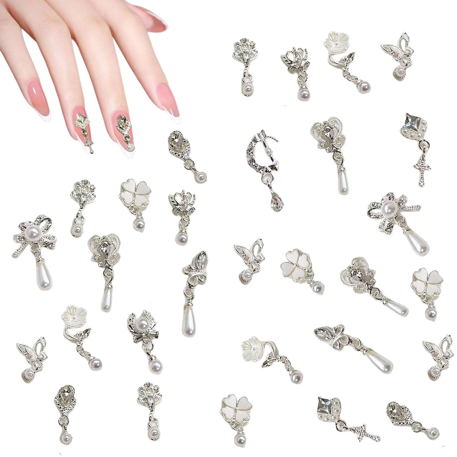 OTKARXUS Dangle Nail Charms,20PCS Luxury Butterfly Flower Pearl Bow Nail Gems,3D Silver Alloy Metal Nail Rhinestones and Gems Nail Jewelry for Nail Art Design Decoration (Silver B)