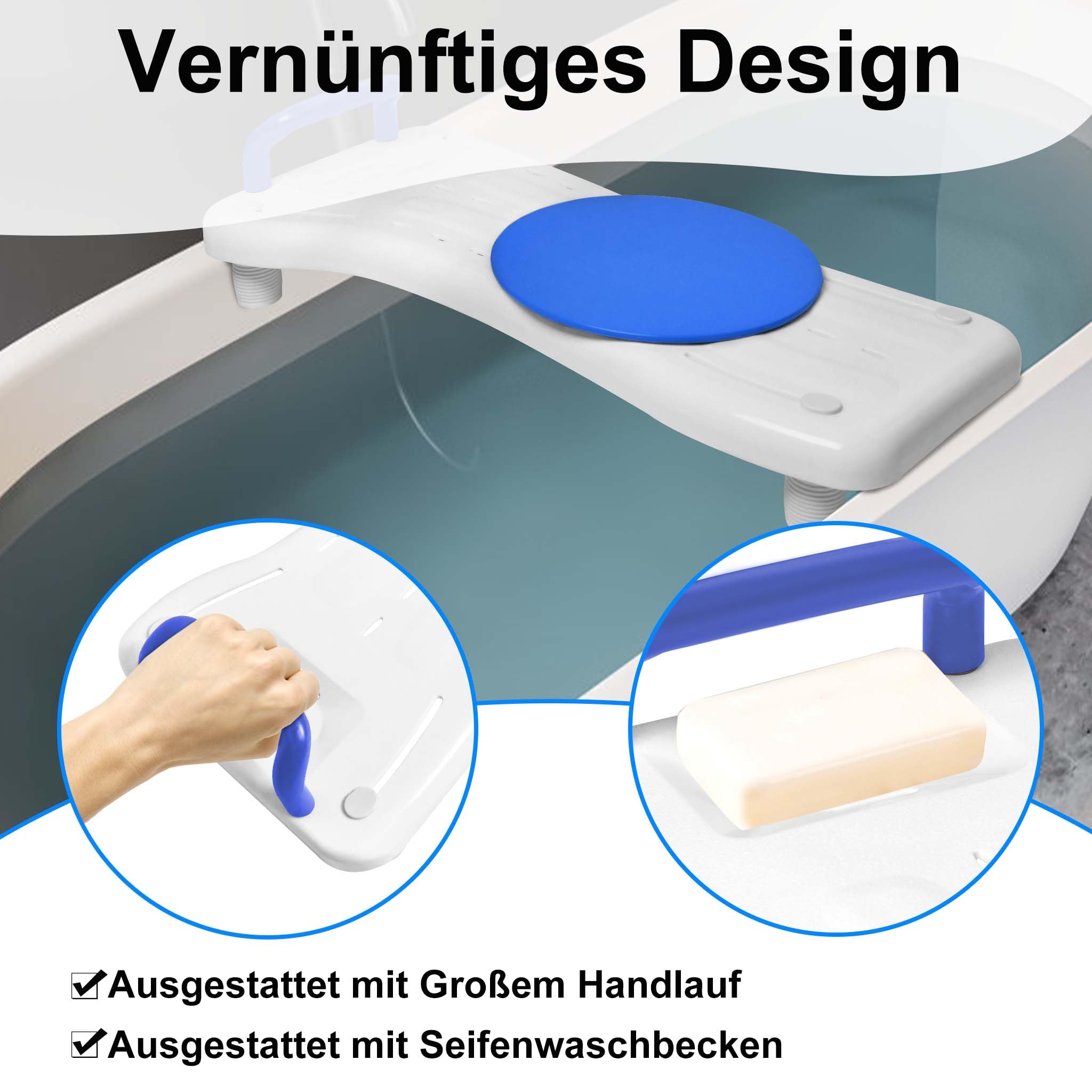 HENGMEI Sedile per vasca da bagno per anziani, regolabile, asse per vasca da bagno, ausilio per l'ingresso nella vasca, sedile in plastica per adulti con portasapone e maniglia, sedile girevole a 360°