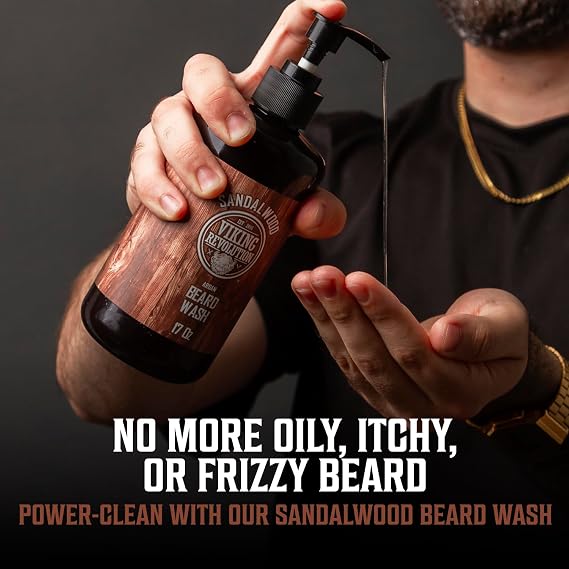 Viking Revolution Beard Wash & Conditioner Set - Sandalwood - 17 oz | Formulated with Argan & Jojoba Oils - Softens & Strengthens Beard - Sandalwood Scent