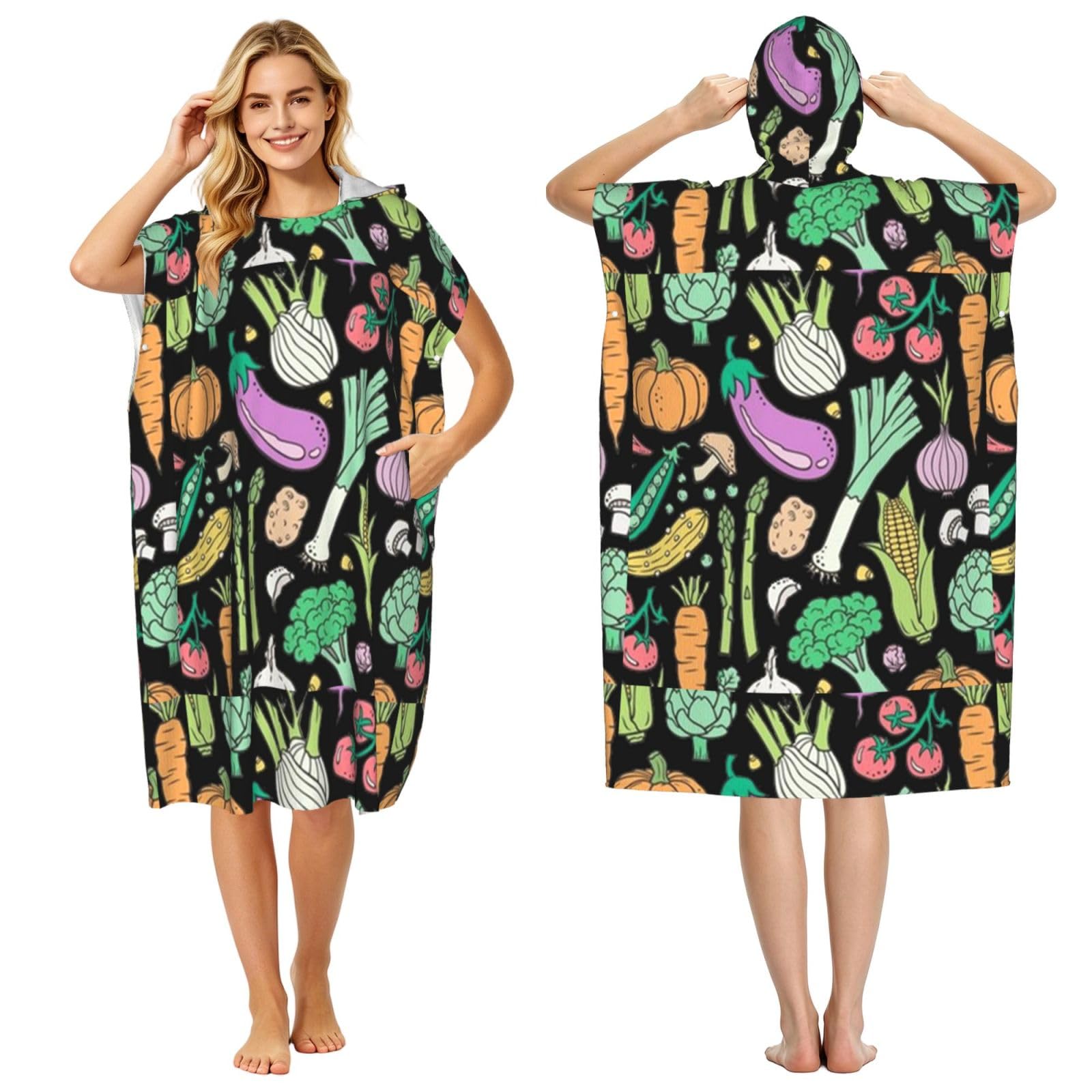 Poadnly Vegetables Food Doodle On Dark, Adult Hooded Beach Towel 90 x 110 cm,Changing Bath Robe, Surf Poncho Towel For Women Men