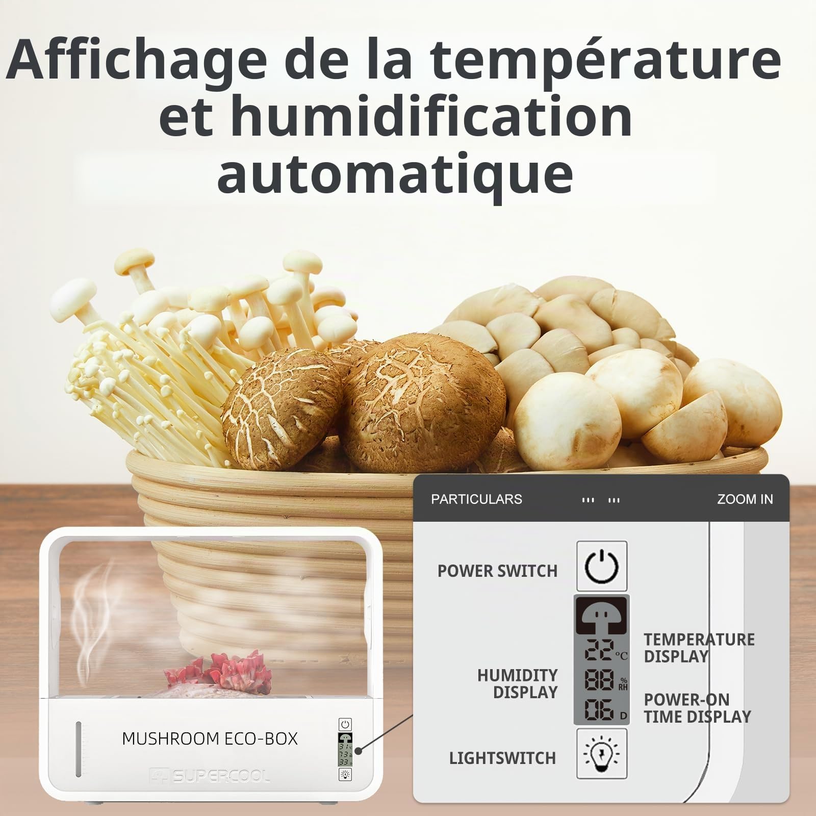Boîte de culture de champignons avec affichage de la température et de l'humidité, kit de culture de champignons intelligent monotub, tente de culture de champignons d'intérieur avec lumière