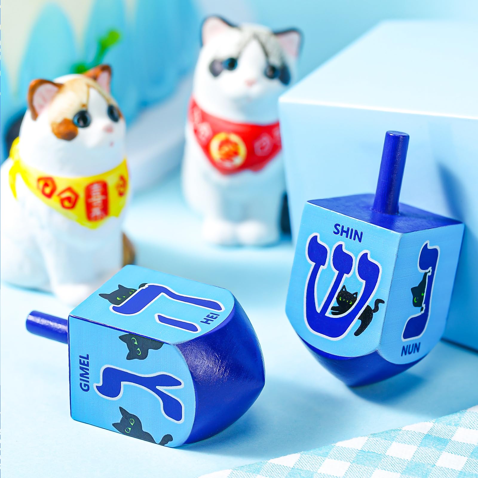 Wonderjune 2 Pcs Hanukkah Dreidels Toy Inspire Game Extra Large Wooden Dreidel for Hanukkah Decoration with English Transliteration, Forever Spinning Tops(Cat)