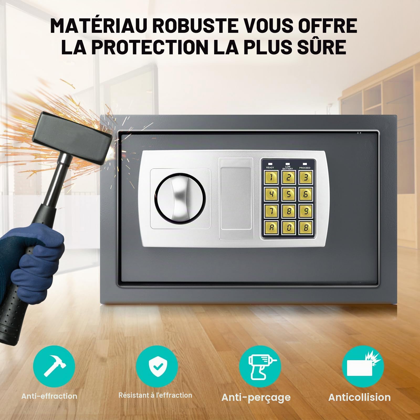 Coffre-fort ignifuge étanche Coffre-fort meuble avec serrure à combinaison et 2 clés Coffre-fort en acier fer Coffre-fort mural à encastrer pour maison, bureau, école, hôtel 31x20x20cm 8,5L Gris