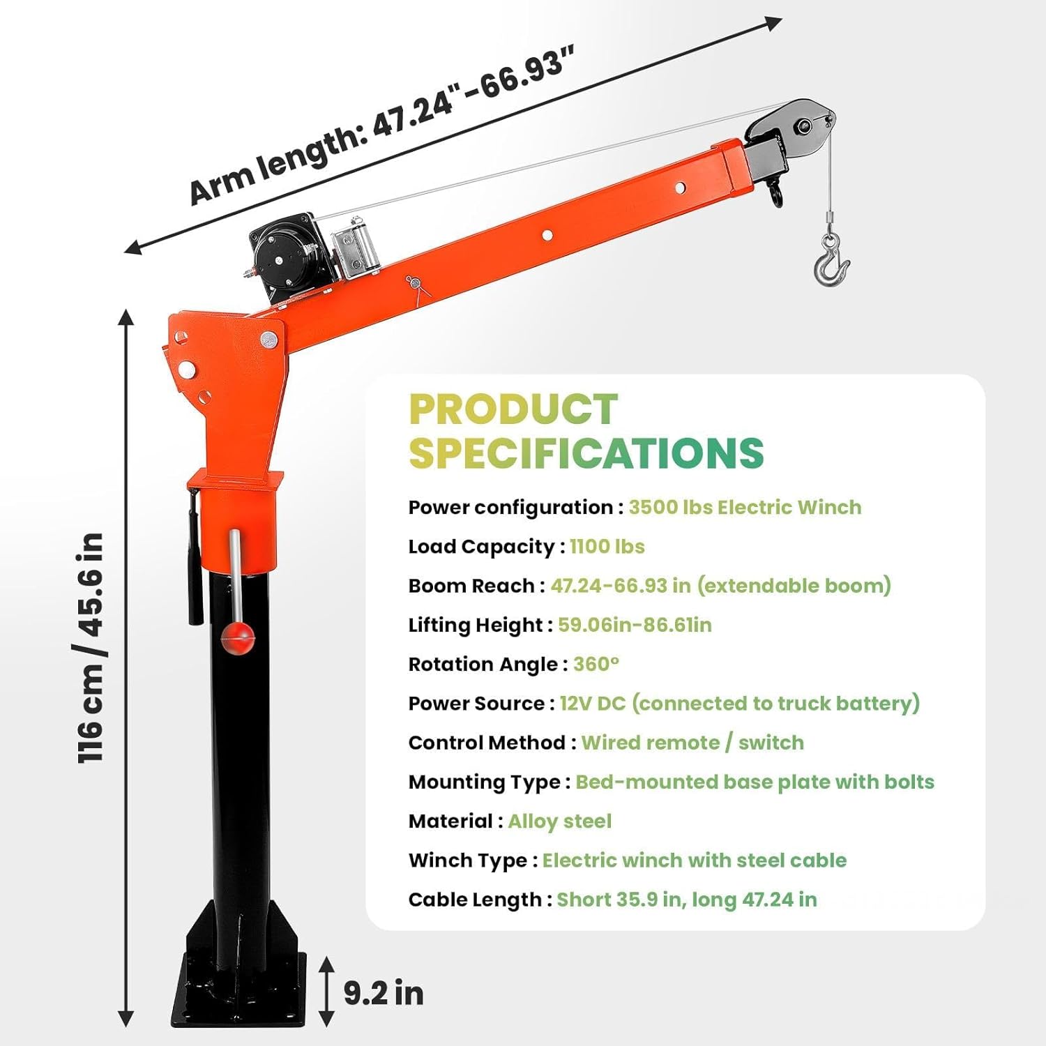 Electric Truck Crane with 3500lb Capacity 12V Electric Winch, 360° Swivel Folding Truck Mounted Crane, Jib Crane for Heavy-Duty Lifting in Factories, Warehouses, Construction & Building