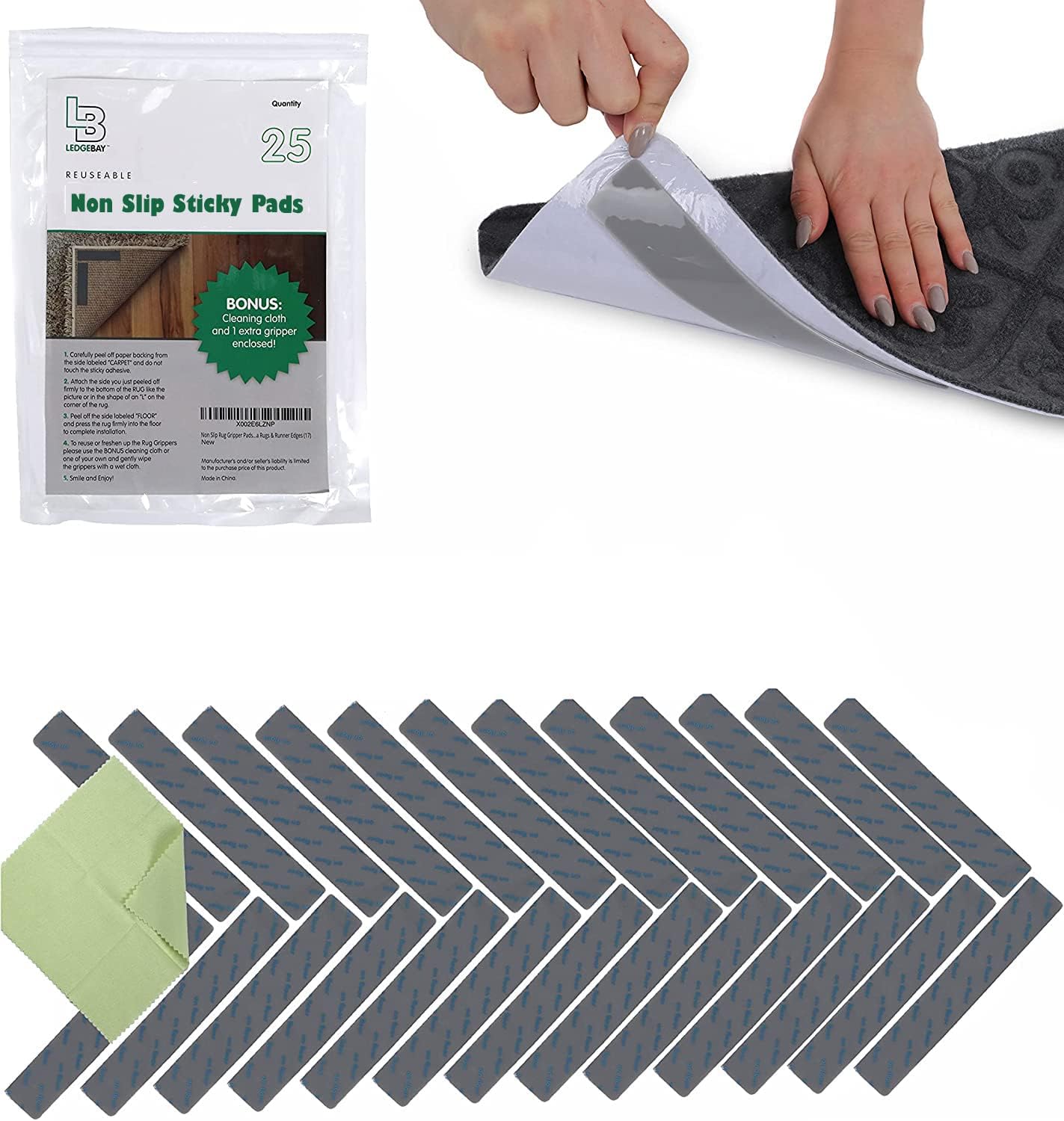 Ledgebay Rug Pad Grippers for Area Rugs Pack of 25 Reusable, No Skid, Washable, Anti-Slip Pads, Rug Gripper for Hardwood Floors and Tile with Double-Sided, Self Adhesive Rug Tape to Keep Rugs Flat