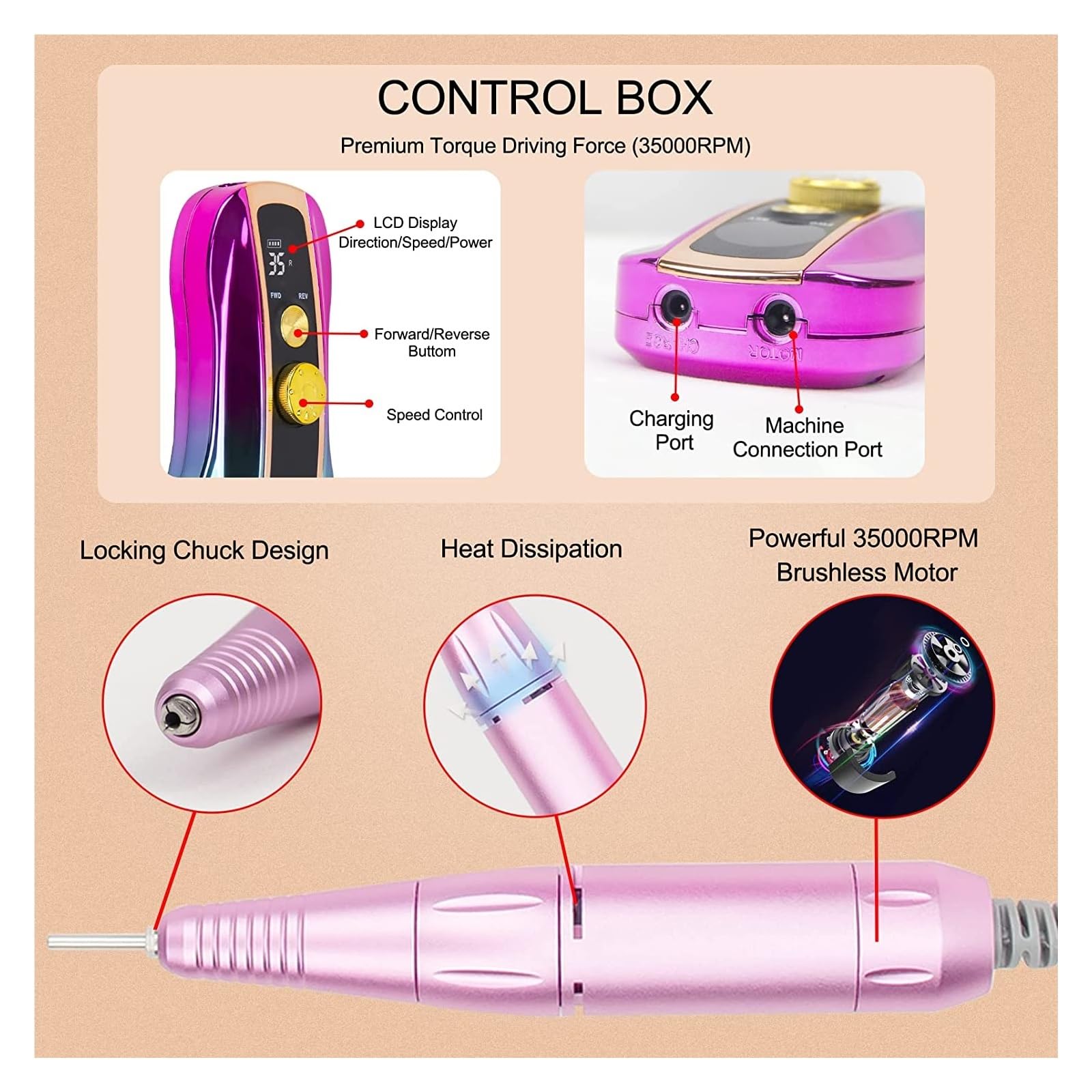 Taladro eléctrico para uñas, Taladro de uñas recargable con gradiente 35000RPM, pantalla LCD HD, maestro for manicura, taladro portátil, fresadora