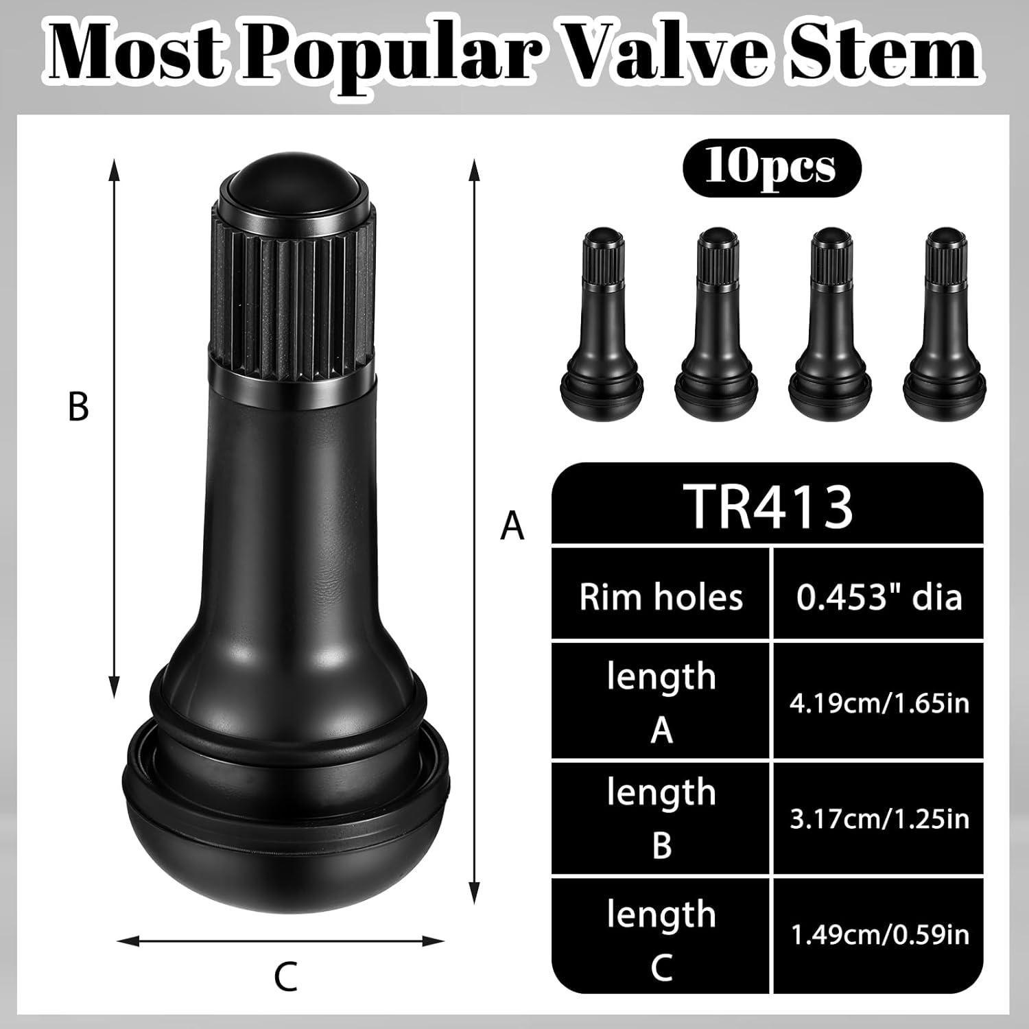 10 PCS Tire Valve Stems Set, TR413 Tubeless Valve Stems, Snap-in Rubber Tire Valves for 0.453" Tubeless Rims, Universal Durable Black Replacement Stem Fit for Cars, Trucks, Trailers, Lawn Mowers