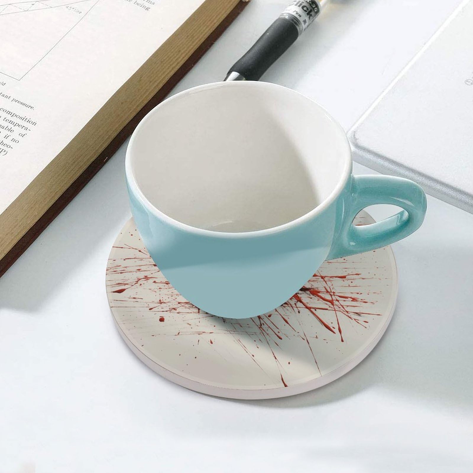 Czerwone linie długopisów podstawki pod napoje z uchwytem na stolik kawowy, ceramiczna podstawka z podstawą korkową, ceramiczna podstawka kamienna do mrożonych zimnych lub gorących napojów, 10 cm