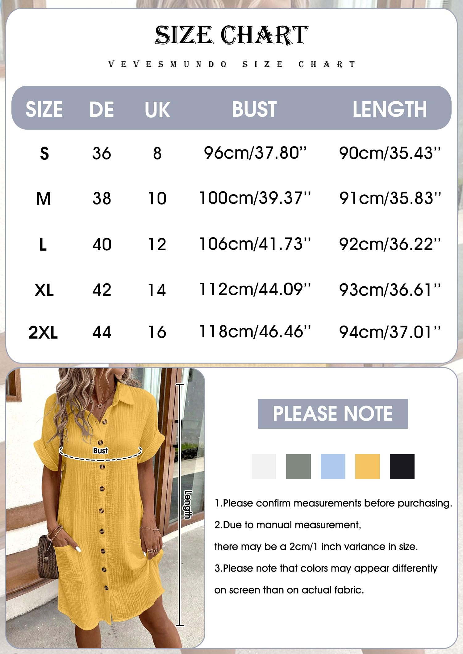 VEVESMUNDO Abito estivo da donna, a maniche corte, in cotone, lino, in mussola, in lino, da spiaggia, casual, lunghezza al ginocchio, con tasche