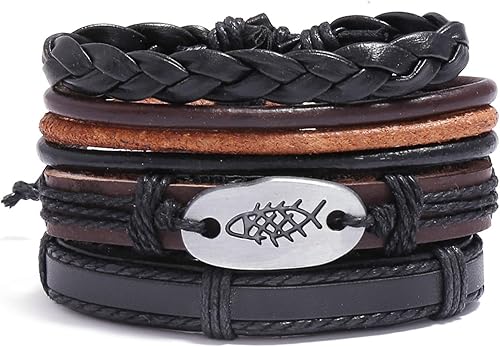 Miniatura 2 de Juego de pulseras de cuero hechas a mano Pulsera trenzada multicapa hecha a mano, joyería unisex ajustable para mujeres y hombres