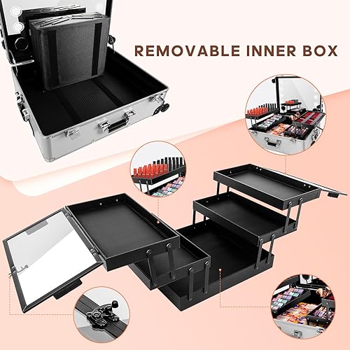 Miniatura 6 de Caja de aluminio del tren del maquillaje de la carretilla con la luz LED cosmética profesional 24 '' maquillaje organizador estudio, plateado, Moda