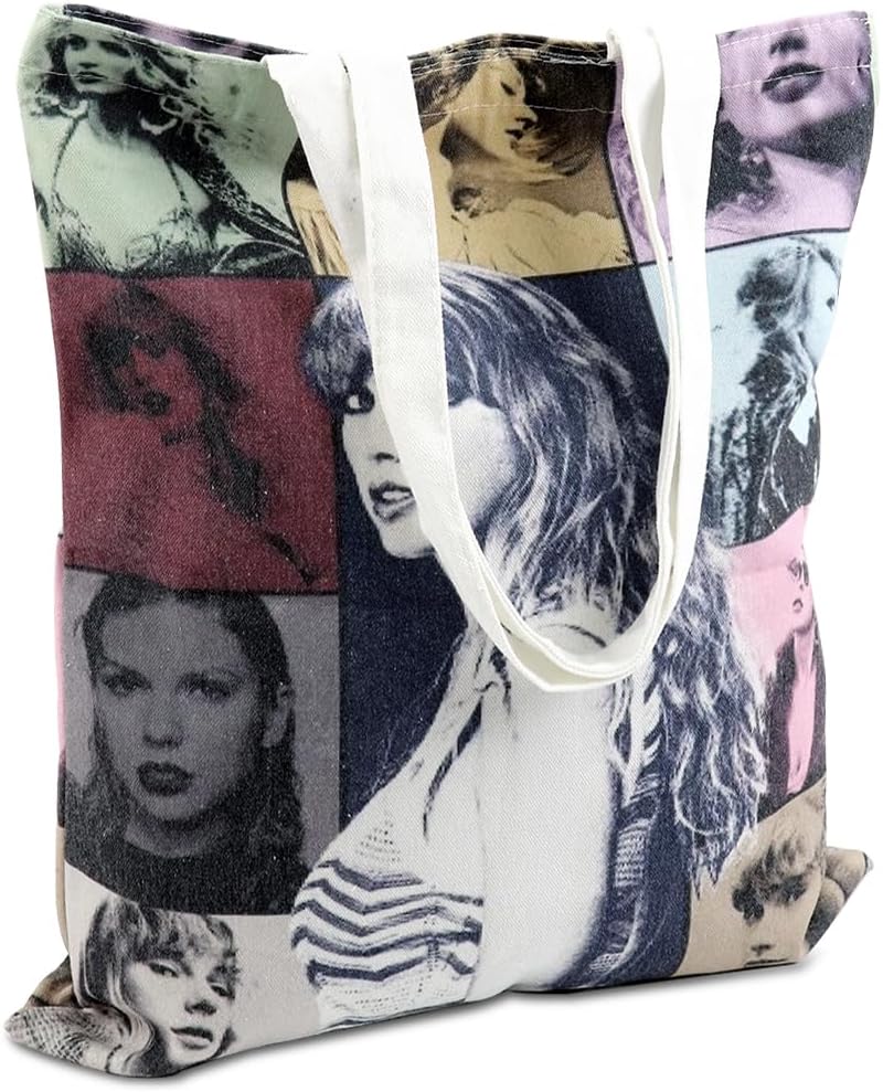 PALAY Girls Everyday Tote Taylor Swift Print Canvas Bag Cartoon Picture Print Shopping Bag Zipper Bag Book Bag Taylor Swift Fans Merchandises Gift Tote Bag