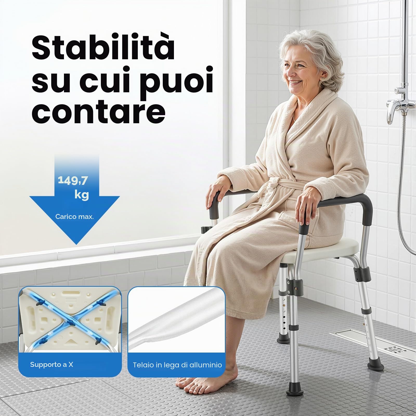 Sedia da doccia senza schienale con braccioli, sedia da doccia regolabile in altezza, per doccia interna, con capacità di 150 kg