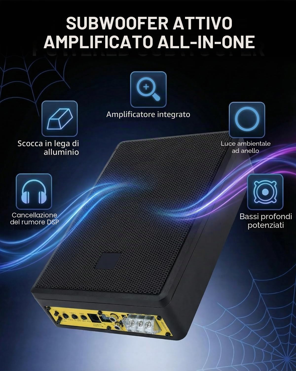 Subwoofer attivo 1000W Salvaspazio per Auto | Struttura compatta salvaspazio 1000W Bassi profondi, ingombro ridotto per Auto Musica e guida