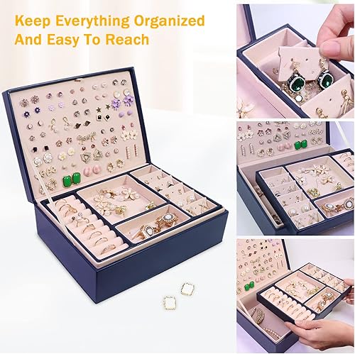 Miniatura 5 de Caja organizadora de joyas cajas de joyería grandes de piel sintética collares anillos aretes organizador de almacenamiento pantalla de doble capa