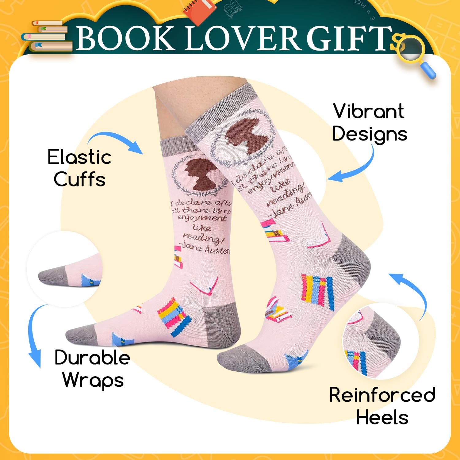 HAPPYPOP Funny Readig Socks for Women - Math Jane Book Gifts, Pencil Library Card Gifts
