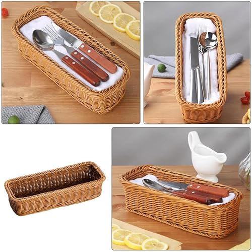 Miniatura 9 de ABOOFAN Organizador de almacenamiento de cubiertos tejido de mimbre, organizador de utensilios de cubiertos, cesta de pan de ratán, bandeja