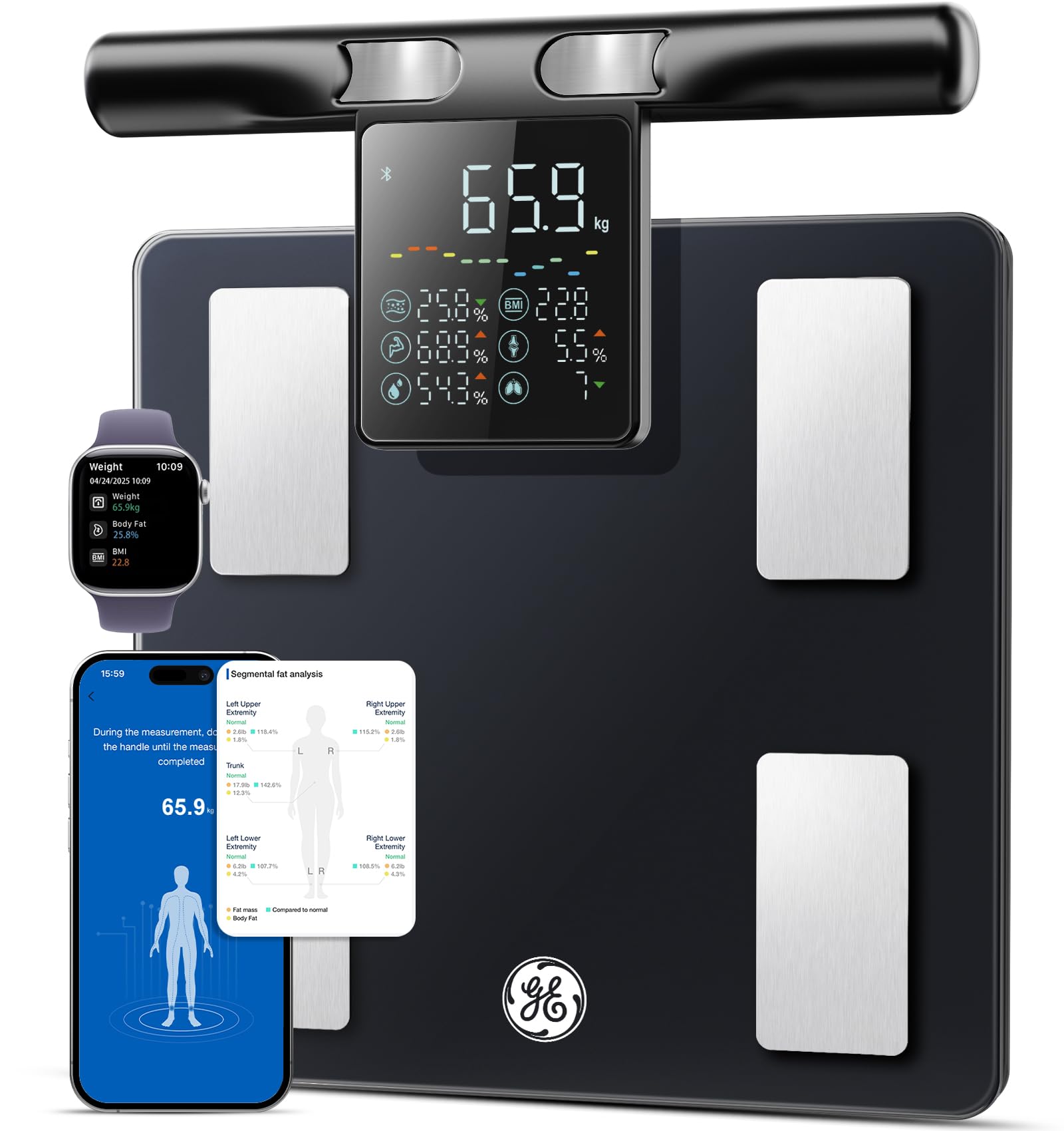 GE Inteligente Bascula de Baño, 8 Electrodos Bascula Grasa Corporal y Muscular IMC 50 Mediciones de Composición Corporal 180 kg Alta Precisión Peso Digital con App Negro