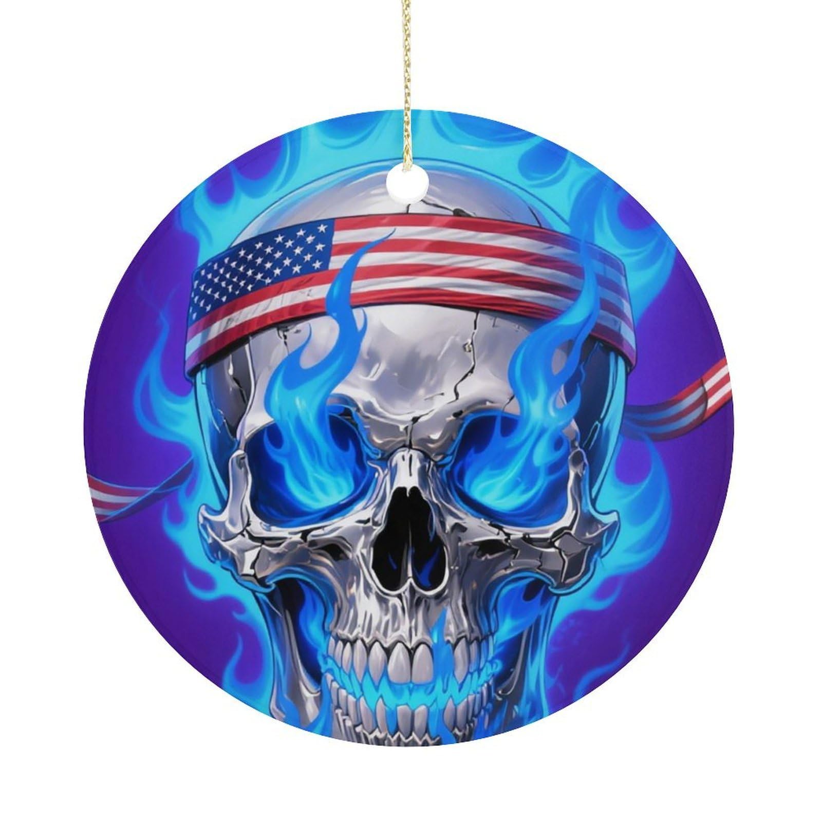 Personalized Christmas Ornaments 2025 Ceramic Hanging Fire USA Flag Skull Ornaments with Gold String Double-Sided Vintage Holiday Decorations for Tree Mantel Tabletop Xmas Party Favors