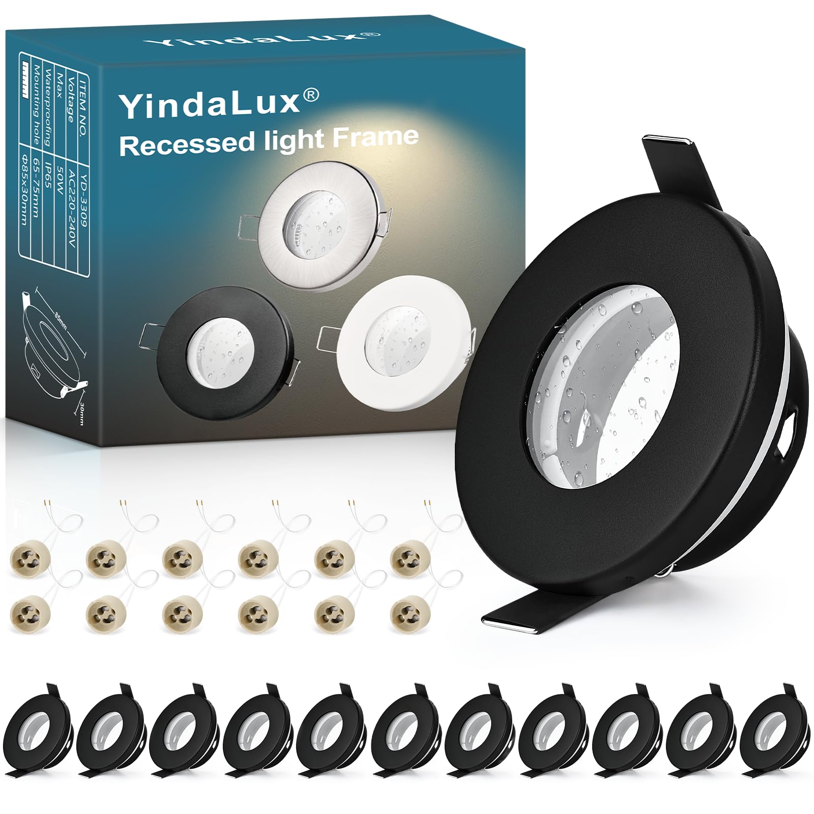 YindaLux 12 Pack GU10 Recessed Spotlight Frame IP65 Black, 30° Adjustable Iron Downlight Bezel 230V with GU10 Holder, Ø85mm, Cut Out 65-75mm Round Ceiling Spot, Bulb Not Included
