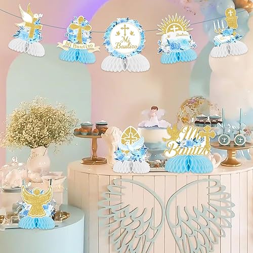 Miniatura 4 de 8 piezas de centros de mesa de nido de abeja Mi Bautizo para niños, decoración de baby shower para niños, decoración floral azul de Dios bendiga la